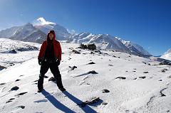
Jerome Ryan poses in front of Cho Oyu (8201m) from Intermediate Camp (5434m). The Nangpa La is on the right.
